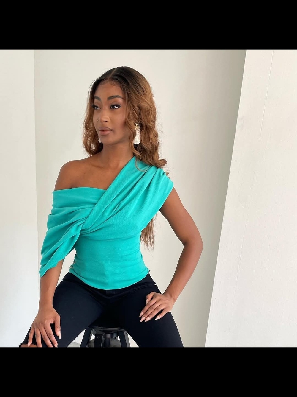 Off-Shoulder Turquoise Draped Knit Top - Women